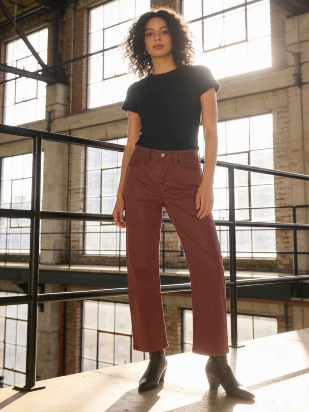 FRAME Denim Le Crop Mini Boot Coated Flare Pants Size 27 Berry Red
